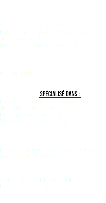 &nbsp;CAFEiNE DESIGNER Sacs cabas de créateurs ! L'accessoire de mode incontournable de la femme active ! http://www.cafeinedesigners.com/ SOS Artisan D’urgence Paris et ile de france sosartisandurgence.com Photorestorest spécialisé dans : La restauration de photographies, diapositives ou négatifs, Les corrections colorimétriques... http://www.photorestore.be/ comtocomm.com L'agence spécialiste de l'image de Marque partenaire d' alternactif actifmedia.fr CONCEPTEUR-REDACTEUR Des mots sur vos idées 